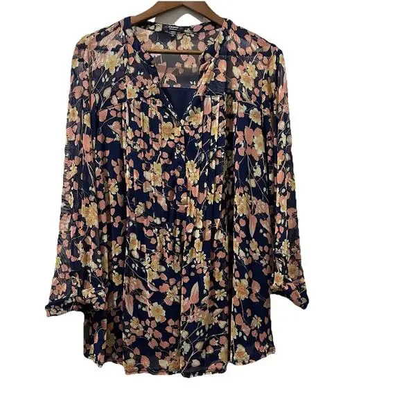 Cocomo Floral Pintucked‎ Mesh Overlay Tunic Top Size 2X Beach Mature - Picture 7 of 7
